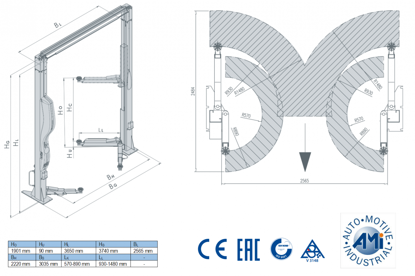 2-column lift 3000kg AMI ECO LINE/400V